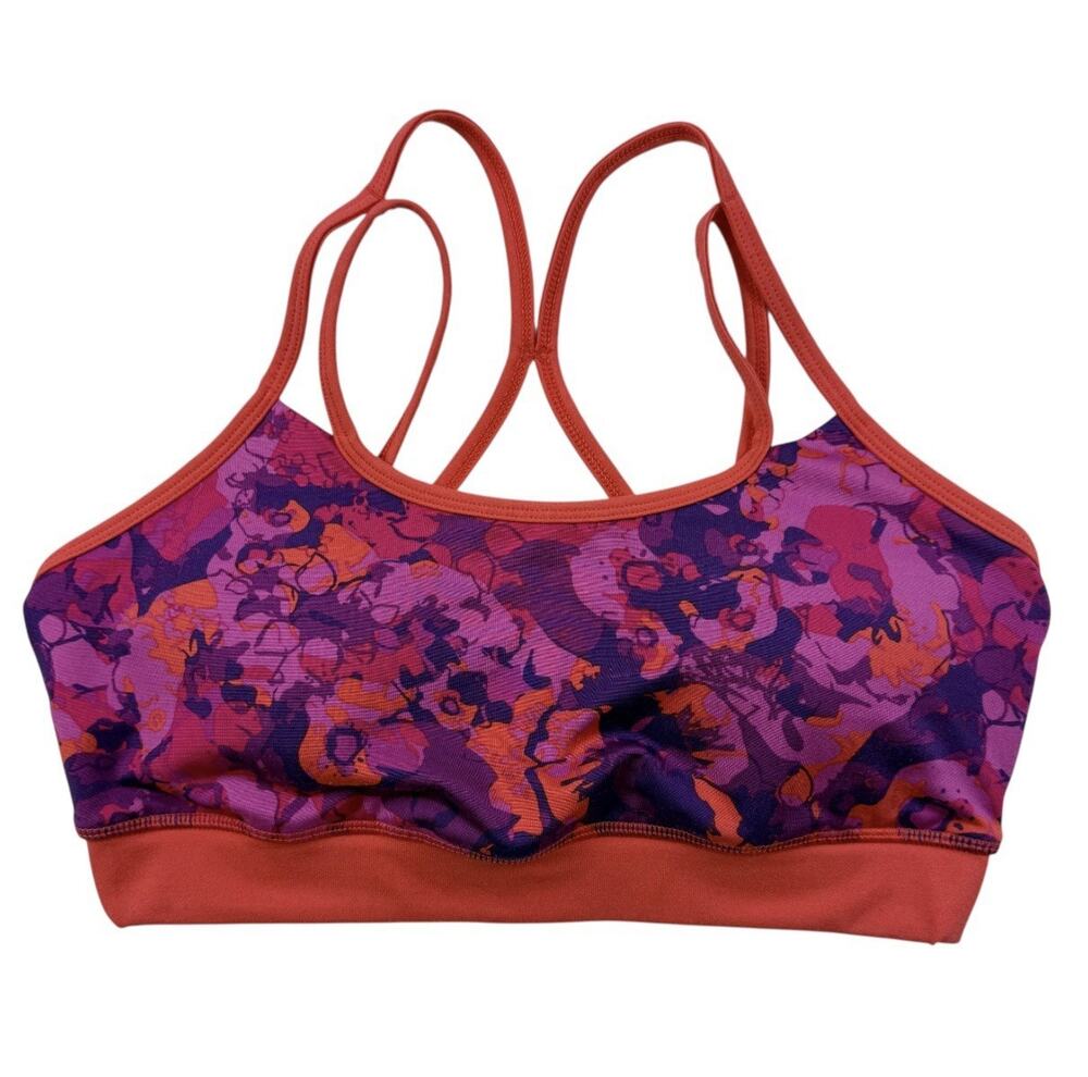 GAIAM Yoga Sport Bra Womens Medium Purple Orange Coral Floral Crisscross Back